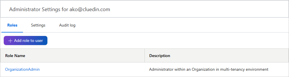 The Roles tab of a user's details page listing the assigned OrganizationAdmin role, with the Add role to user button