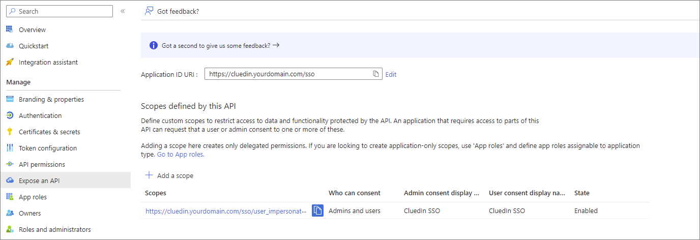 Expose an API page with the Application ID URI and a user_impersonation scope consented by admins and users, display name CluedIn SSO, enabled