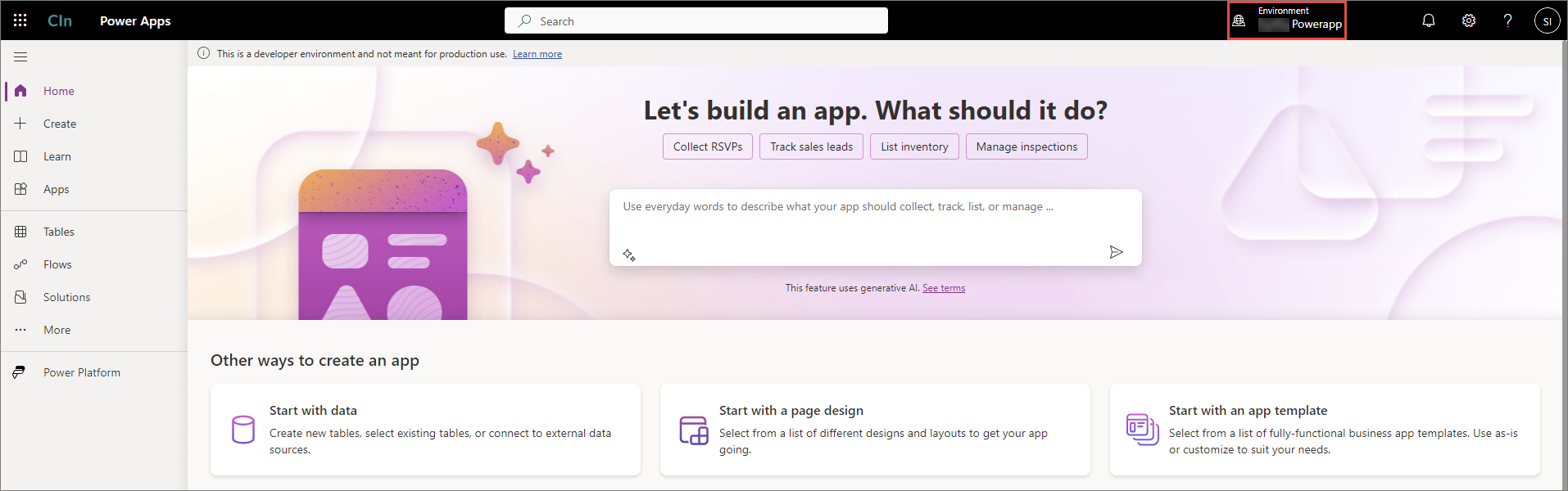 Power Apps home page with the current environment highlighted in the upper-right corner