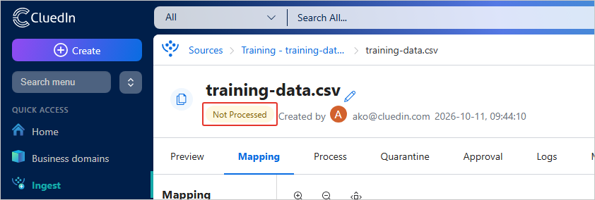 The training-data.csv data set details page with the Not Processed label highlighted