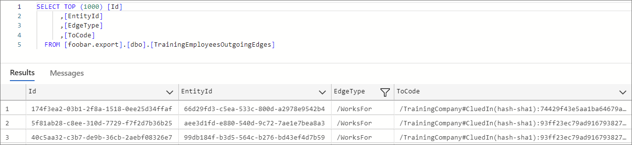 A SQL query on the TrainingEmployeesOutgoingEdges table returning Id, EntityId, EdgeType /WorksFor and ToCode for each relation