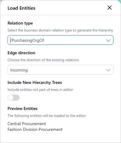 Load Entities pane with Relation type /PurchasingOrgOf and Edge direction Incoming, previewing Central Procurement and Fashion Division Procurement