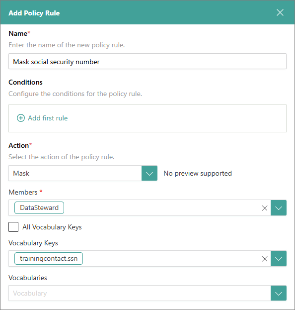 The Add Policy Rule pane with Name, Conditions, Action set to Mask, Members set to DataSteward, and the vocabulary key trainingcontact.ssn selected