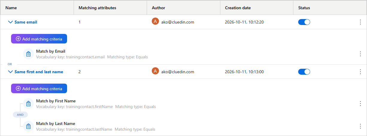 Two matching rules joined by OR: Same email, matching on email, and Same first and last name, matching on first name AND last name