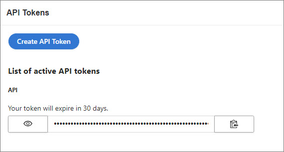 The CluedIn API Tokens page with the Create API Token button and an active API token