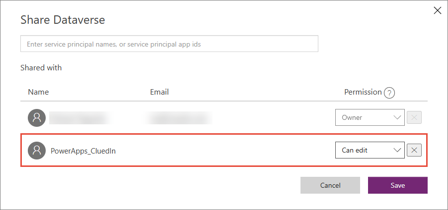 Share Dataverse dialog with the PowerApps_CluedIn application user given the Can edit permission
