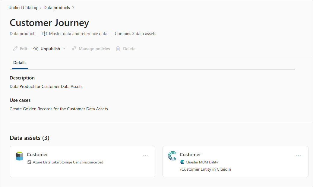 The Customer Journey data product now with three data assets, including a Customer asset of type Cluedin MDM Entity
