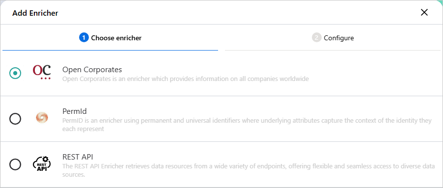 The Add Enricher dialog on the Choose enricher tab, with Open Corporates selected